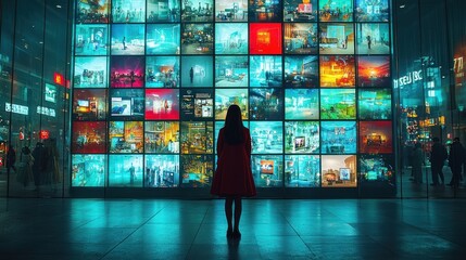 Woman in Red Coat Contemplating Large Urban Digital Display Screen at Night