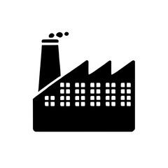 Obraz premium Factory Icon: A simple, black and white silhouette of a factory building with a tall smokestack emitting smoke, perfect for illustrating industrial concepts, production, or manufacturing.