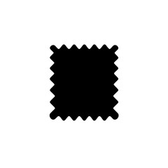 Black Fabric swatch Icon: A simple, bold black icon depicting a swatch of fabric with a zig-zag edge, perfect for representing textiles, clothing, design, and fashion.