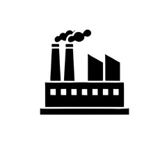Industrial Complex Icon: A simple yet striking vector illustration depicting a black silhouette of a factory emitting smoke from its chimneys.