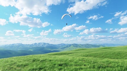 Obraz premium Scenic Paraglider Soaring Above Rolling Green Hills and Clouds