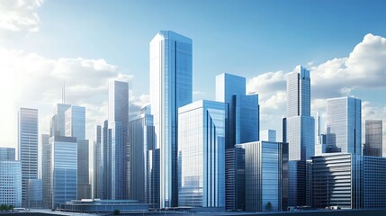 Obraz premium A modern city skyline featuring tall glass buildings under a clear blue sky.
