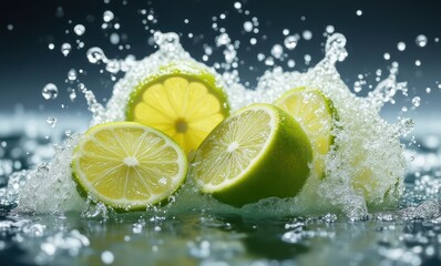 Fresh limes splashing in water