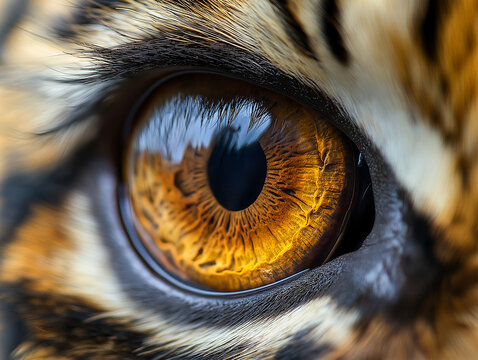 Close-up of a tiger's eye, intense amber iris with detailed black stripes surrounding it