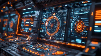 Obraz premium Futuristic Sci Fi Spaceship Control Panel Interface with Orange and Blue HUD
