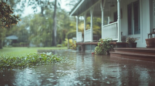 Flooded yard house rain heavy downpour