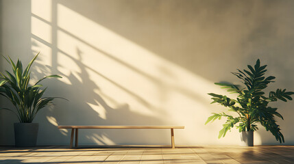 Fototapeta premium Wooden Bench, Potted Plants, and Sunlight Shadows in Minimalist Interior
