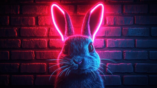 Neon Bunny Brick Wall Night Art
