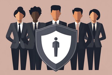 A creative flat design featuring workers under a symbolic shield, emphasizing protection, rights, and appreciation for labor contributions on Workers' Day.