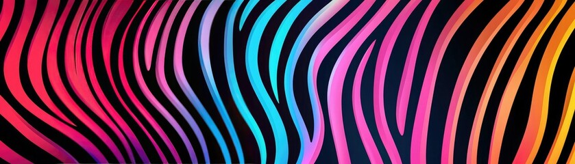 Vibrant abstract stripes in shades of pink, blue, and orange create a dynamic and colorful background.