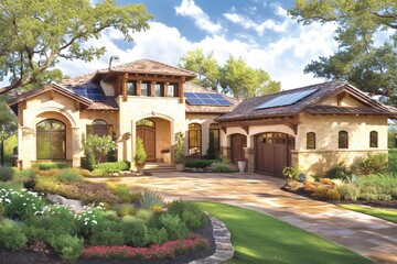 Fototapeta premium Luxury Mediterranean Style Home with Solar Panels and Lush Landscaping