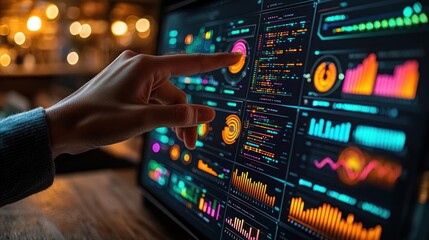 Obraz premium Woman s Hand Interacting with Futuristic Data Visualization on a Large Screen