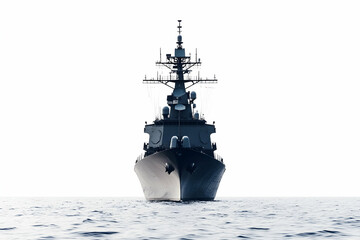 A powerful navy ship emerges from the water, symbolizing strength and the vastness of the ocean. The silhouette against the blue waves creates a striking maritime scene.