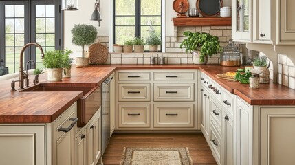 Rustic kitchen remodel, farmhouse sink, wood countertop, bright windows, home design