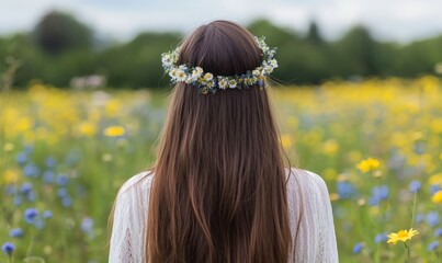 Naklejka premium back view of a girl with long brown hair and a flower wreath on her head