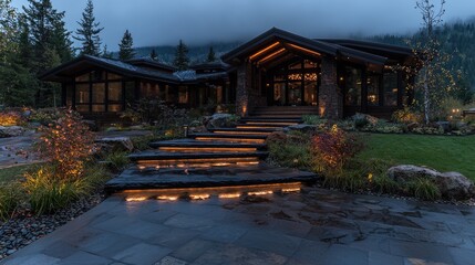 Obraz premium Luxurious mountain home twilight view, landscaped pathway