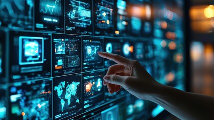 Futuristic Data Analysis Hand Interacting with Advanced Digital Interface Screen