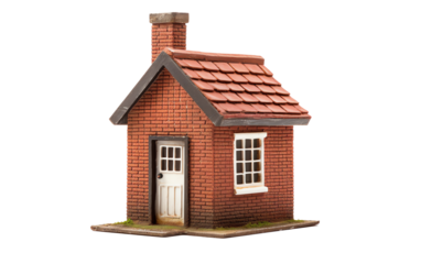 a small brick house with a chimney