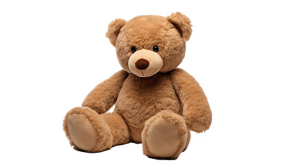 a brown teddy bear sitting on a white surface