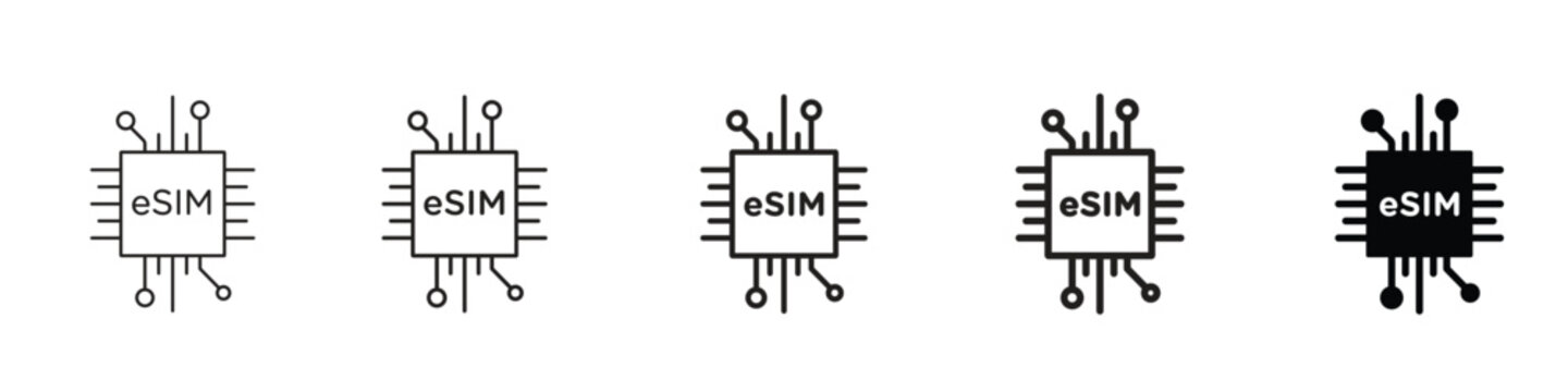 set of 5 pixel perfect e-sim icon with 1 unexpanded, 1 silhouette, E-SIM icon representing digital SIM card. Ideal for mobile, technology, and connectivity themes