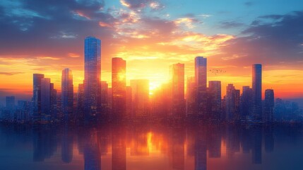 City skyline sunset, harbor reflection, urban growth