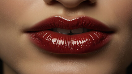 Fototapeta premium Showcasing glossy lips with a natural, radiant finish, perfect for lip care products, beauty and makeup advertising, cosmetic campaigns, fashion editorials, and social media content.