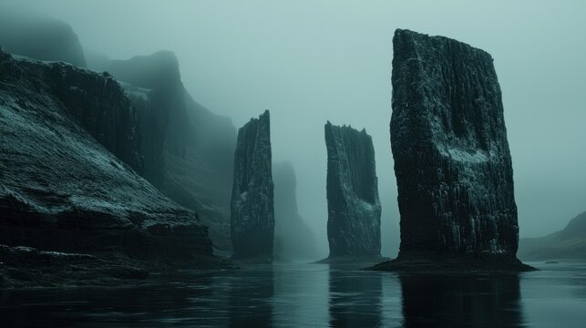 Enigmatic Coastal Cliffs Foggy Seascape Dark Teal Winter Scene Mysterious Rock Formations