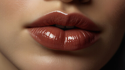 Fototapeta premium Highlighting glossy lips with a radiant finish, ideal for cosmetic campaigns, beauty advertising, skincare lip treatments, fashion editorials, and social media content creation.
