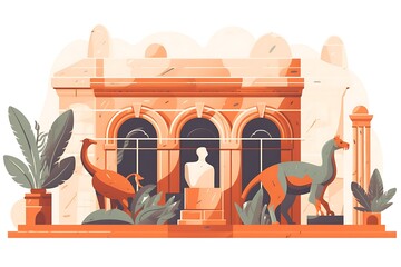 A creative flat illustration of a museum with ancient artifacts, fossils, and sculptures, highlighting cultural heritage for seasonal exhibitions and global art celebrations.