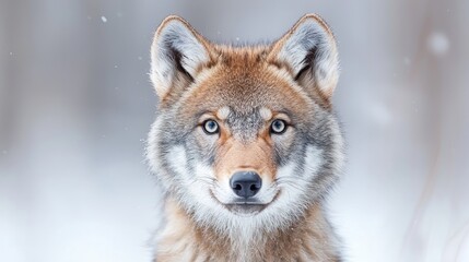 Fototapeta premium Red wolf portrait, snowy winter forest. Wildlife nature photography for websites, prints