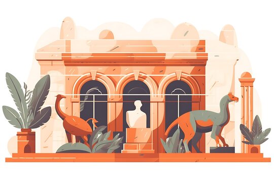 A creative flat illustration of a museum with ancient artifacts, fossils, and sculptures, highlighting cultural heritage for seasonal exhibitions and global art celebrations.