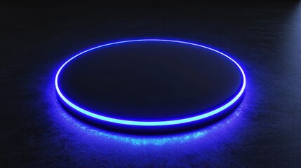 Abstract Glowing Circular Platform, Futuristic Design, Neon Blue Light, Dark Background, Minimalist Style, Technology Concept, Modern Architecture,  3D Render