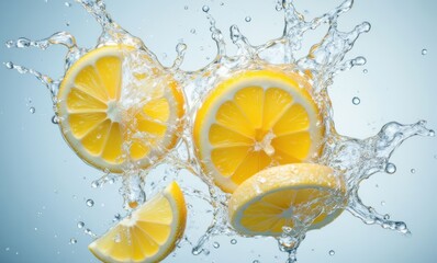 Fresh lemon slices splashing in water