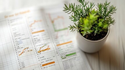 A small potted plant beside financial charts and graphs on a table, symbolizing growth and investment
