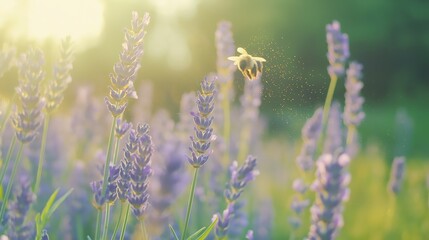 Fototapeta premium Honeybee Pollinating Lavender Flowers in Sunlight