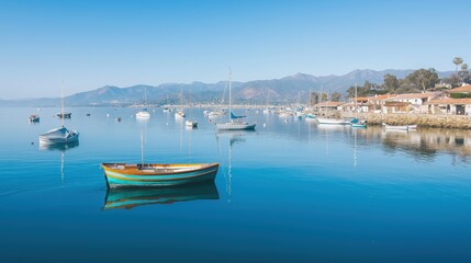 Fototapeta premium Coastal Rowboat Serenity Blue Water, Calm Harbor, Mountain View