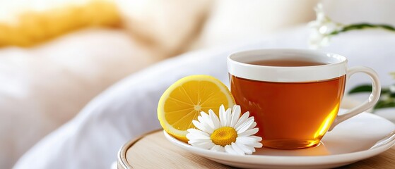 A warm cup of tea with lemon and a daisy flower rests on a wooden table, evoking a cozy, tranquil atmosphere.