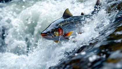 Fototapeta premium Salmon Fish Jumping Water Waterfall Nature Photography