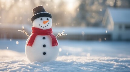 Obraz premium A cheerful snowman stands in a snowy landscape, adorned with a red scarf and black hat, surrounded by softly falling snowflakes.
