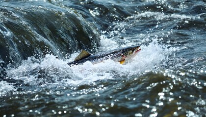 Obraz premium Salmon Jumping River Rapids Action Photo
