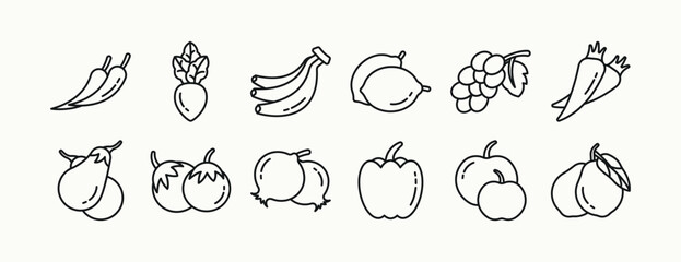 Fruit and vegetables minimalist black outline icon set design