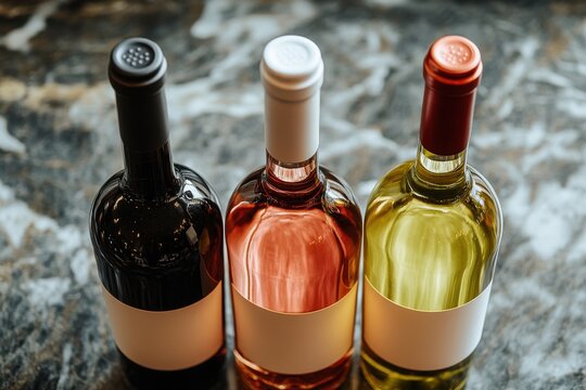 A flat-lay of three wine bottles with blank labels on a neutral background