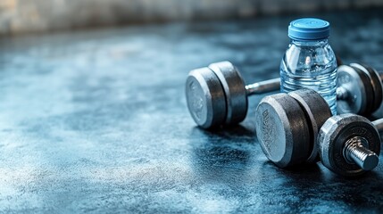 Close-up of dumbbells and a water bottle on a textured surface, ideal for fitness themes