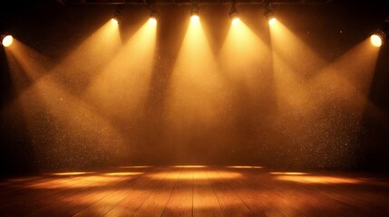 A cinematic Hollywood-style spotlight background, featuring multiple beams of warm light shining down on a wooden stage, evoking the excitement of an awards show