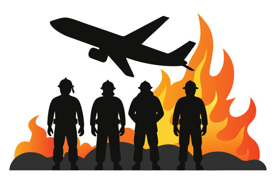 Silhouette of Firefighters and Rescue Workers Near a Burning Aircraft, Vector Illustration on White Background &ndash; Emergency Response, Aviation Disaster, Firefighting Team, Search and Rescue,