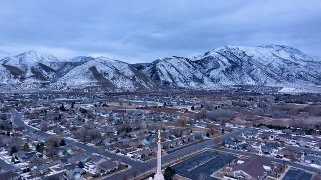 Aerial Payson Utah LDS Temple overhead 3. The Church of Jesus Christ of Latter-day Saints, LDS or Mormon religion. Sacred building for eternal worship. Residential neighborhood.
