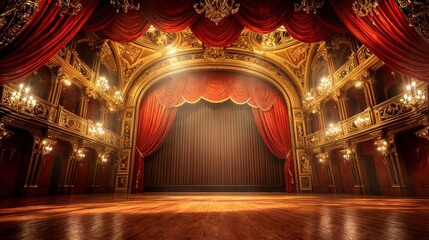 A grand opera house stage bathed in warm golden light, with elegant wooden flooring, luxurious red drapes, and an ornate ceiling adorned with intricate chandeliers.
