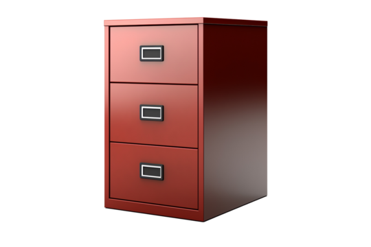 a red file cabinet with black handles