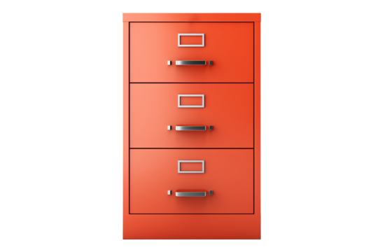 a red file cabinet with silver handles