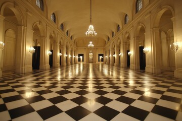 Grand ballroom, palace interior, checkerboard floor, chandeliers, elegant event venue.
